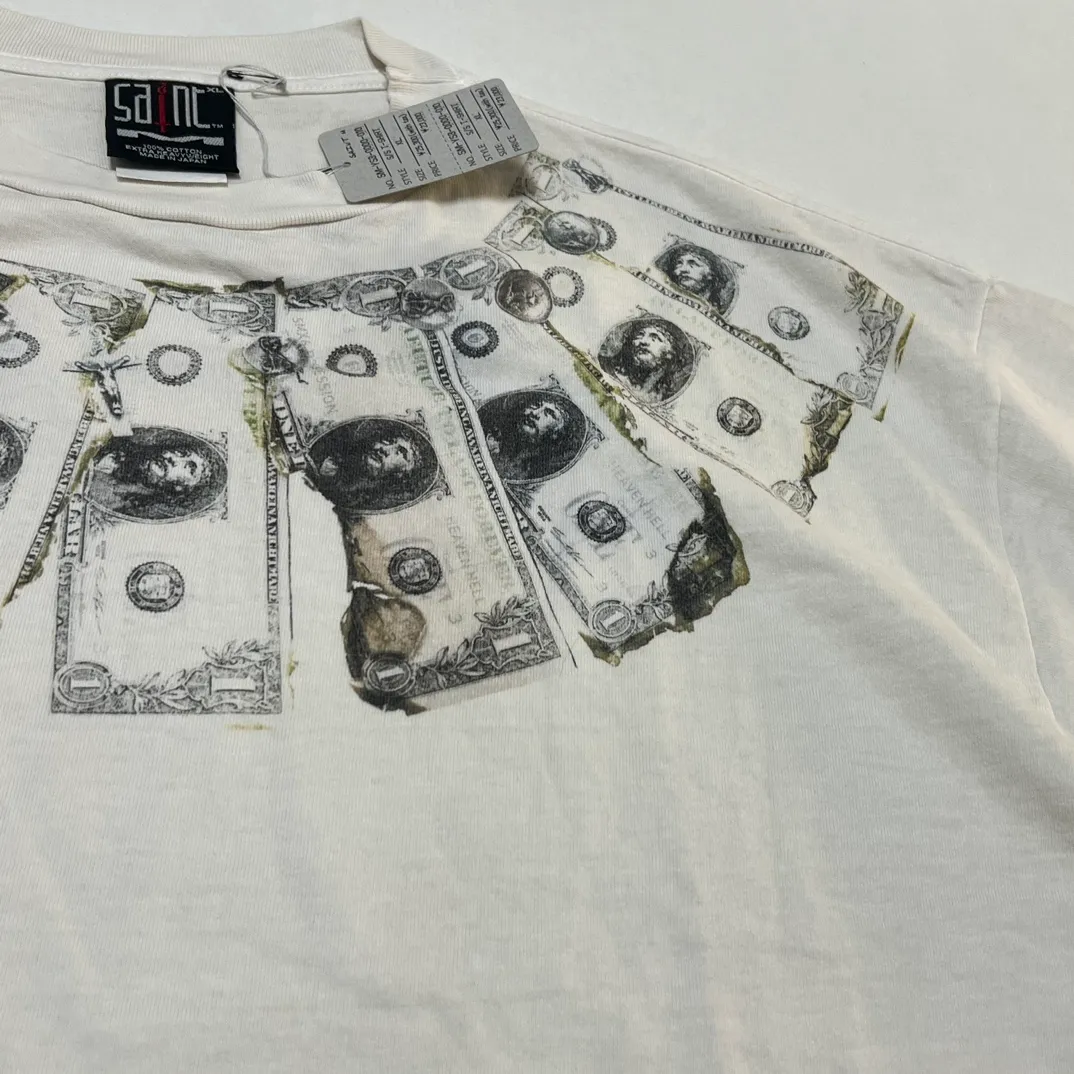 SAINT Mxxxxxx MONEY TEE/WHT dollar necklace, retro short-sleeved, off-white S-XL, ready-to-wear, washed and distressed, authentic level printing, correct accessories/with little angel logo